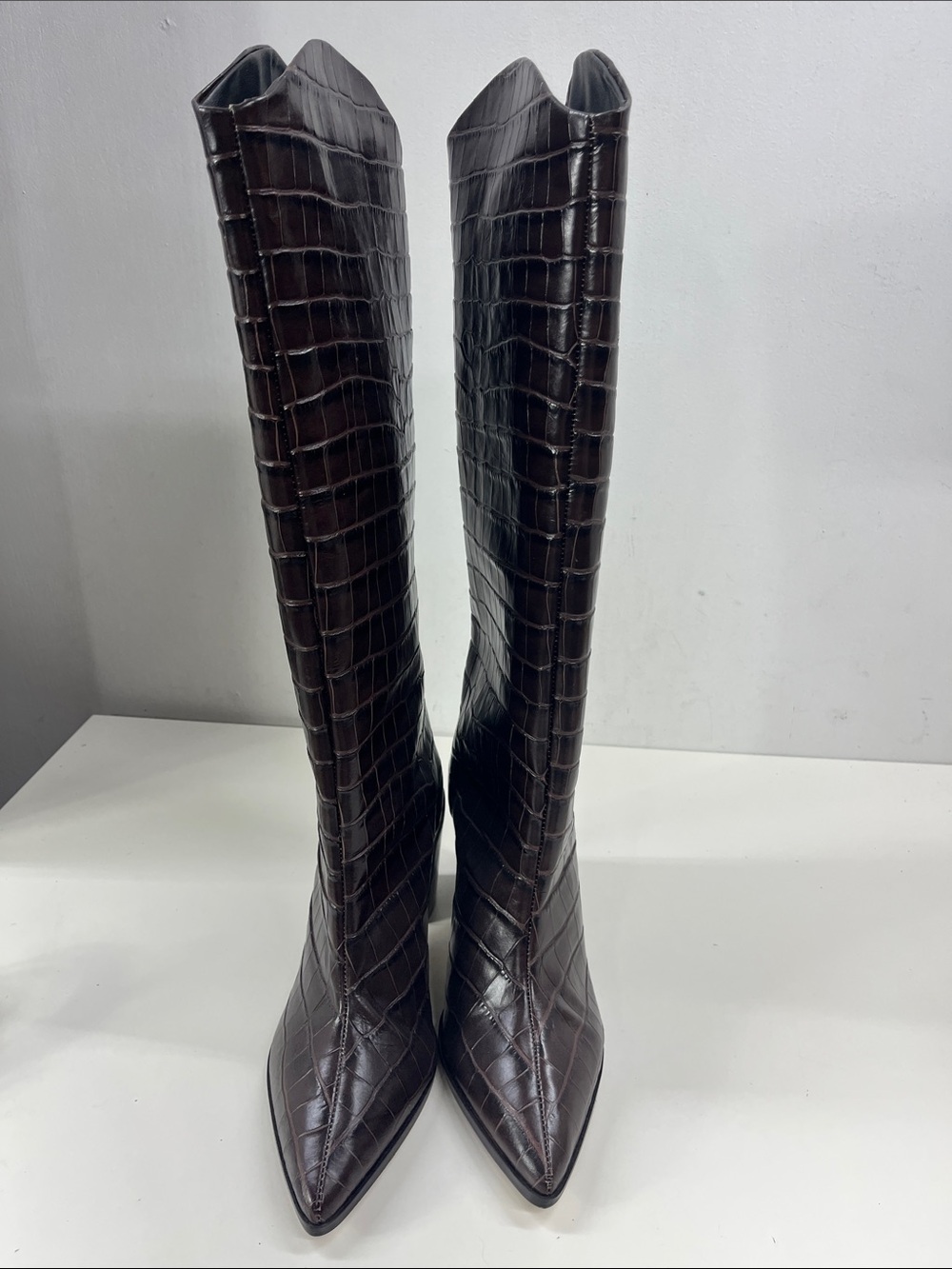 New Schutz Analeah Chocolate Brown Croc-Embossed Boots Size 10 - Picture 3 of 7